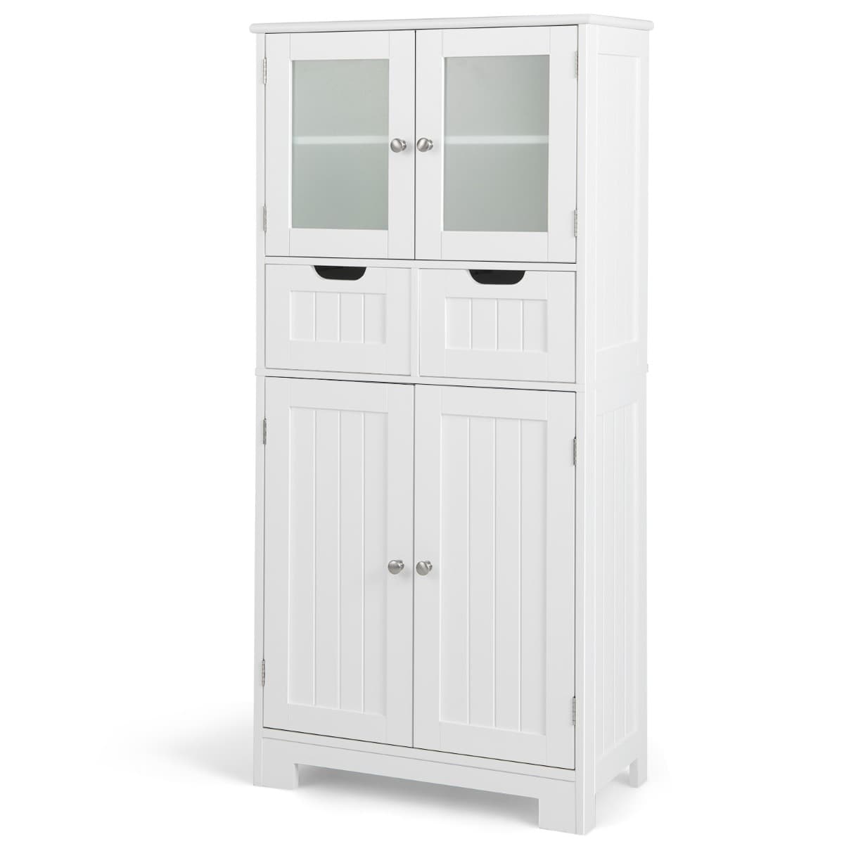 Meuble de Salle de Bain à 4 Portes 2 Tiroirs Colonne Salle de Bain Armoire Haute avec Étagères Régla