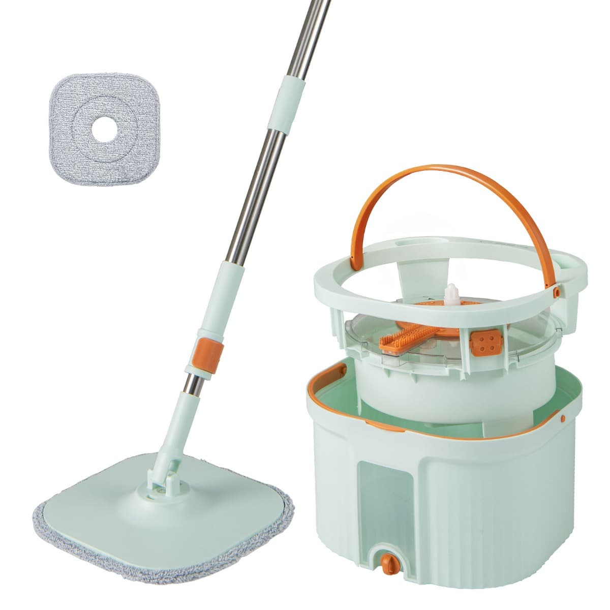 CostwayEnsemble Balai Essoreur et Seau Séparation Eau Propre et Eau Sale Tête de Balai Carrée Auto-essorante Tampons de Balai en Microfibre Vert
