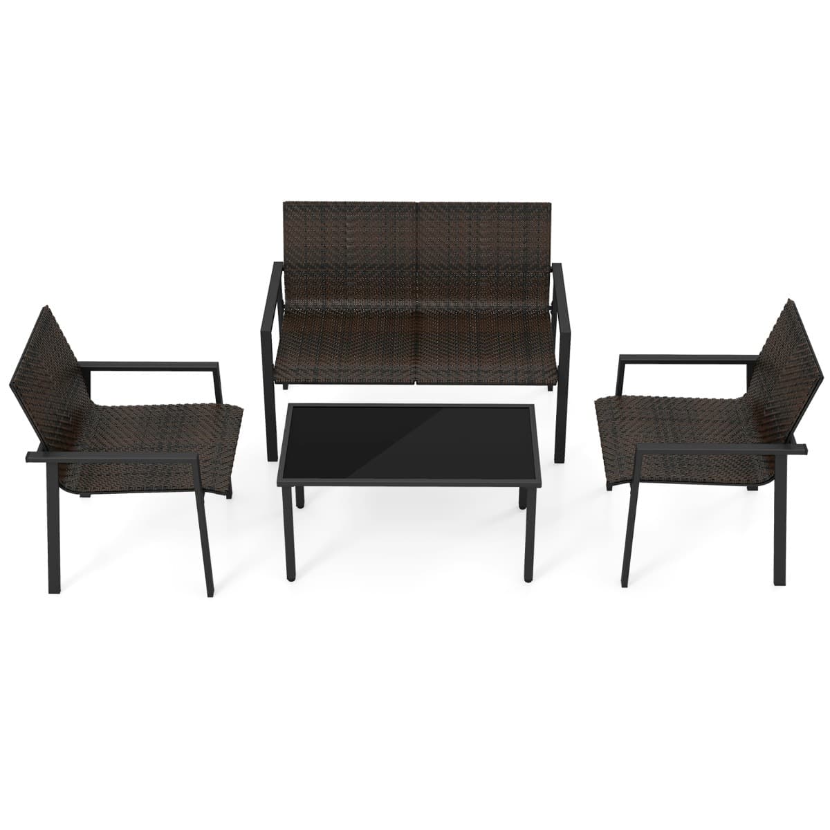 CostwaySalon de Jardin 4 Pièces en Osier Charge 150-300KG avec Cadre en Métal Galvanisé et Table Basse en Verre Trempé Marron